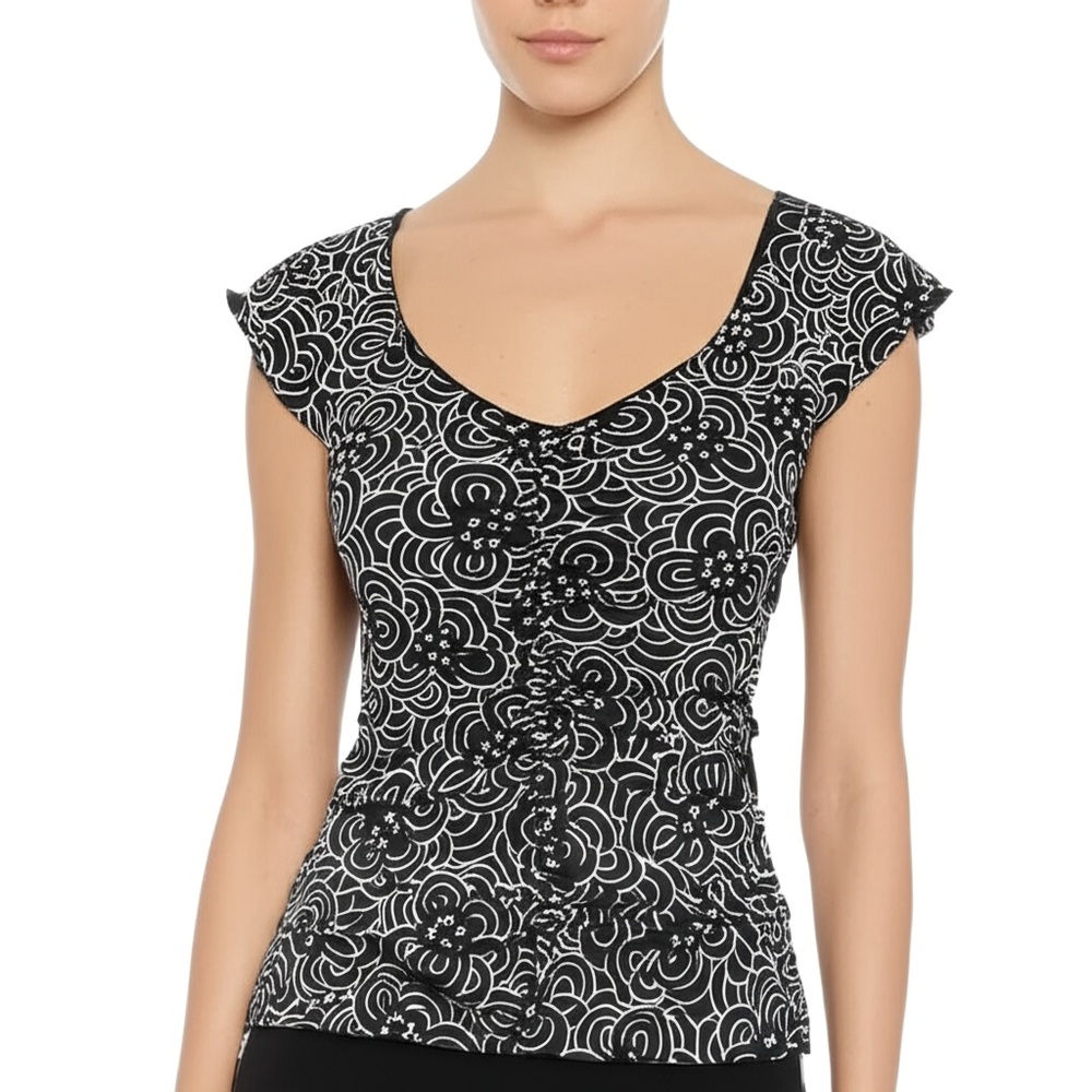 MAX STUDIO Womens XSP Petite Black White Swirl Ruched V-Neck Cap Sleeve Top